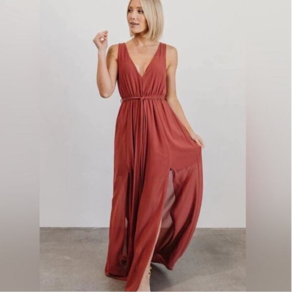 Baltic Born Hera Maxi Dress Berry Chiffon Muted Red Sleeveless XS O2